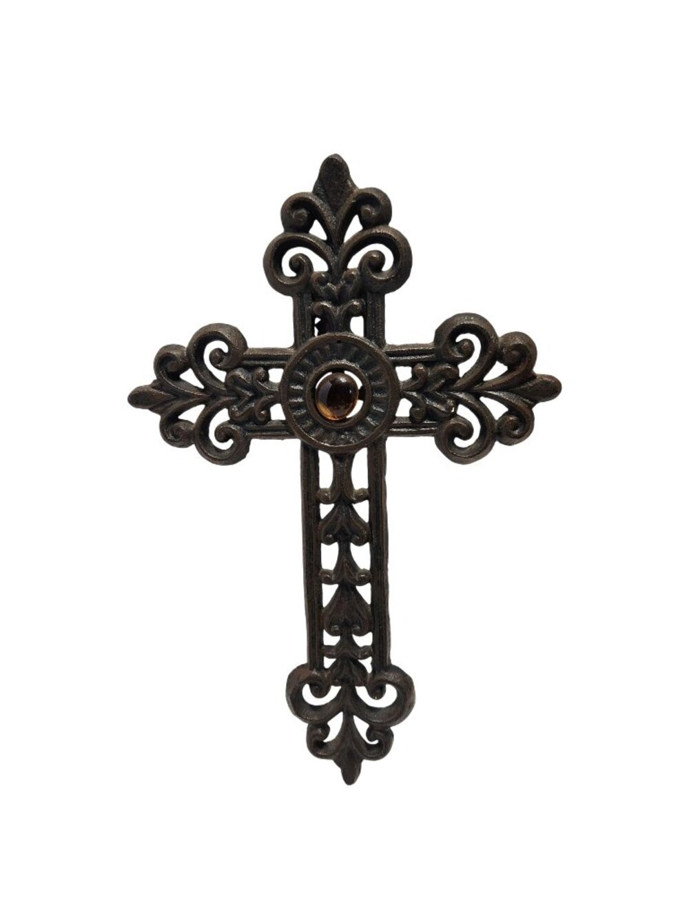Cast Iron Wall Cross With Amber Colored Gemstone Accent Ornate Scrollwork READ